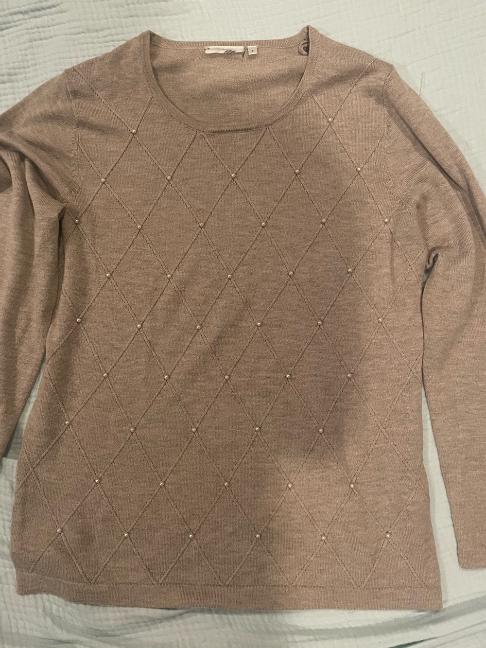 Taupe Pearl-Detail Sweater